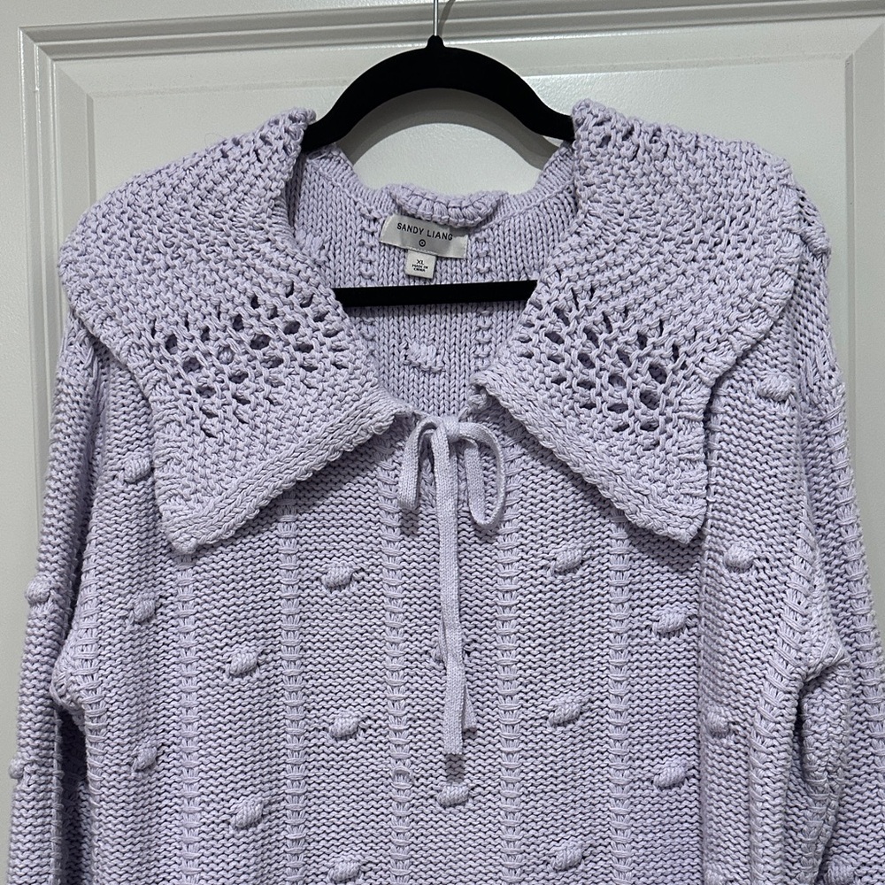 Sandy Liang Lilac Knit Sweater with Crochet Detail - Picture 3 of 6
